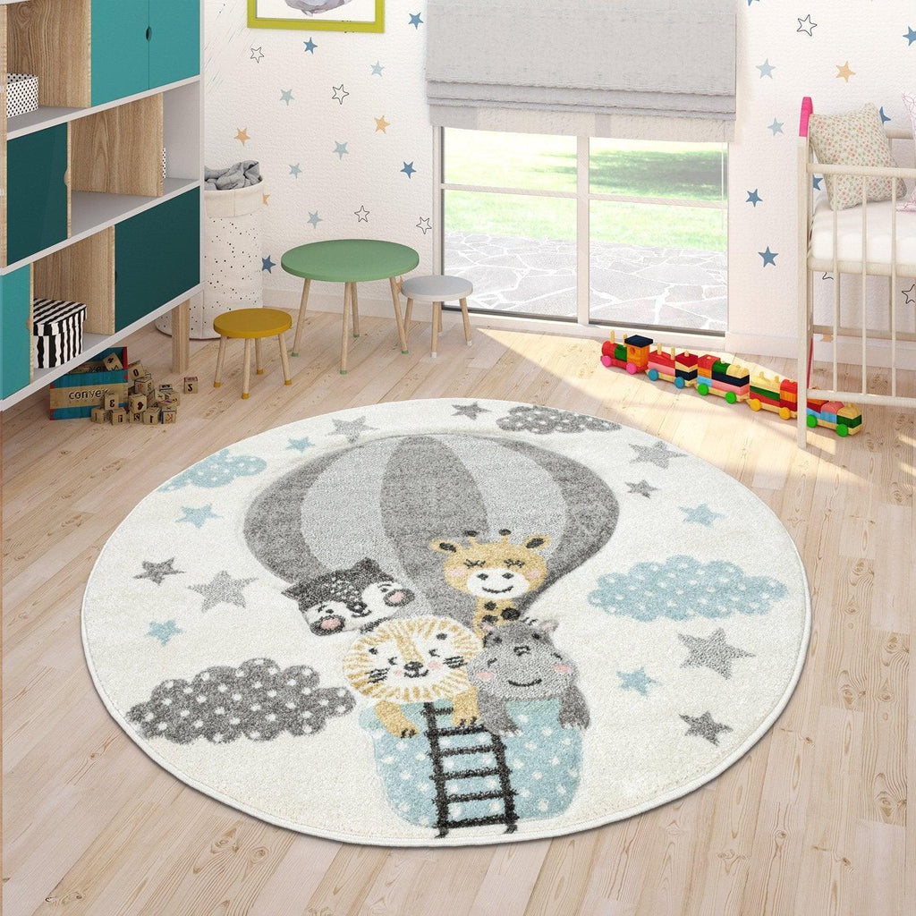 Kids Rug Hot Air Balloon Animals Clouds in Pastel Cream, lifestyle image - House Of Avana