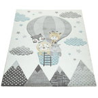 Kids Rug Hot Air Balloon Animals Clouds in Pastel Cream, top view - House Of Avana