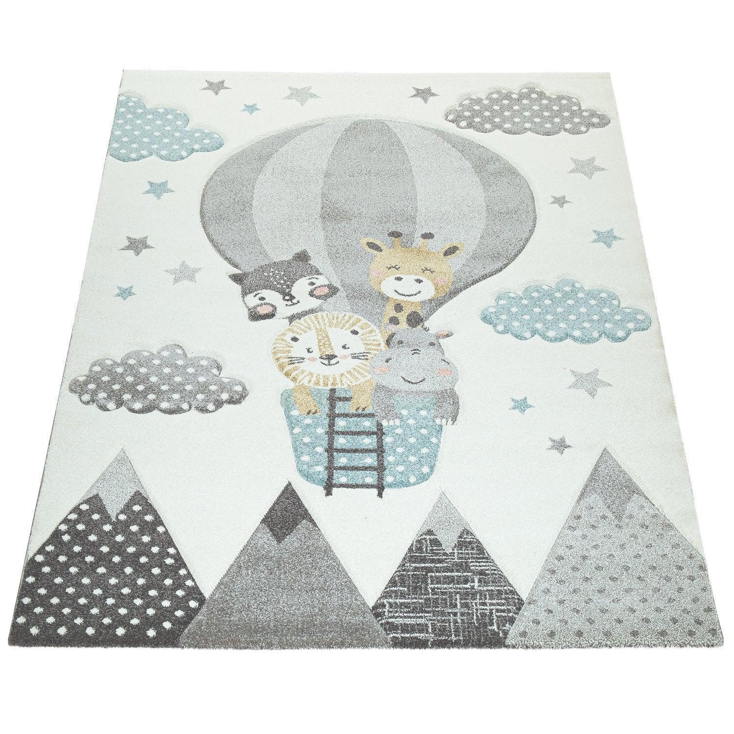 Kids Rug Hot Air Balloon Animals Clouds in Pastel Cream, top view - House Of Avana