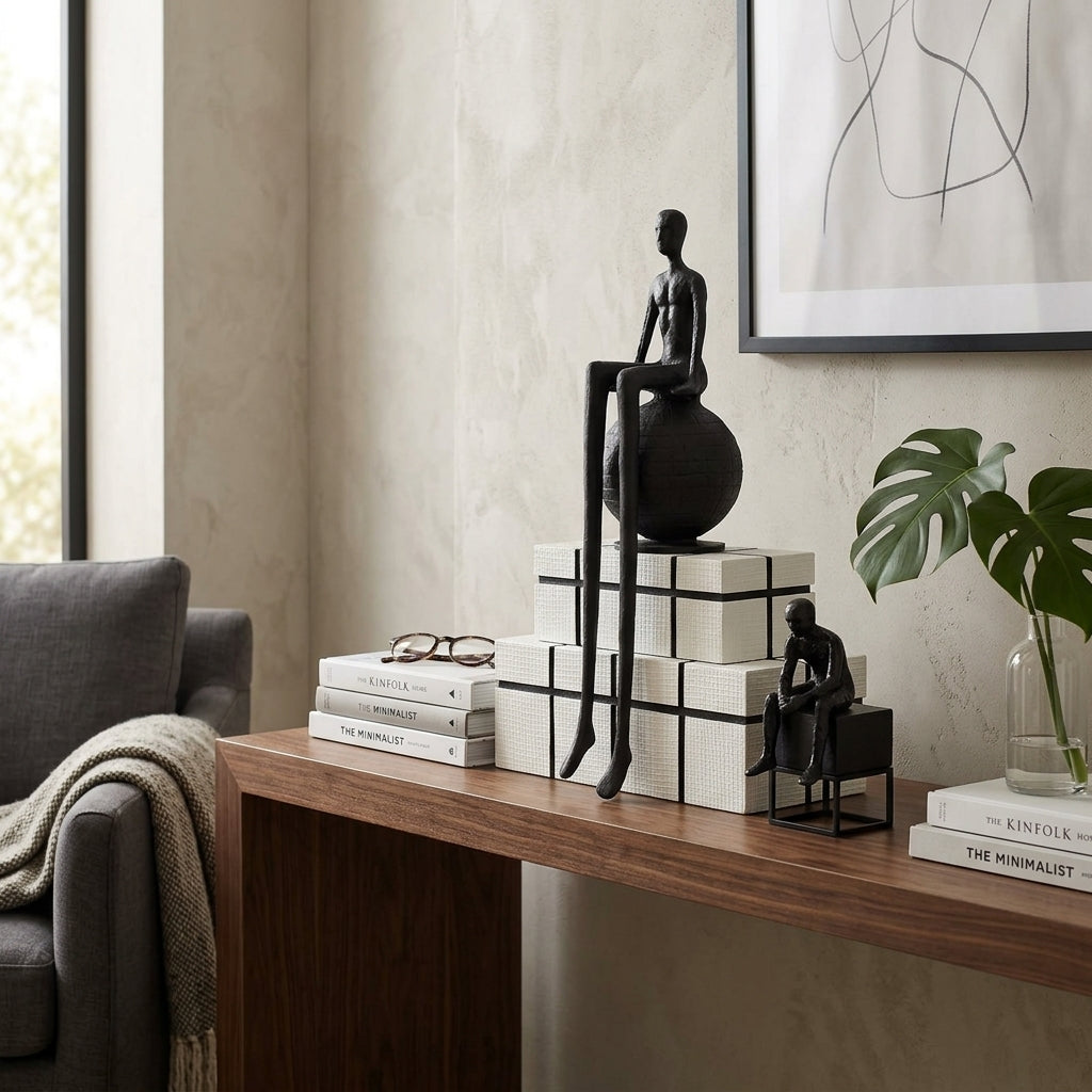 Abstract Long-Legged Thinker Sculpture Modern Matte Black Figurine