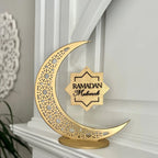Islamic Ramadan & Eid Decorations - Elegant Crescent Moon Lantern - with Ramadan Mubarak Sign - Golden & Brown Islamic Wooden Decoration for Ramadan, Eid, Ramadan Karim - Home, Office, Mosque - Ramadan Kareem Gift - Durable W House Of Avana