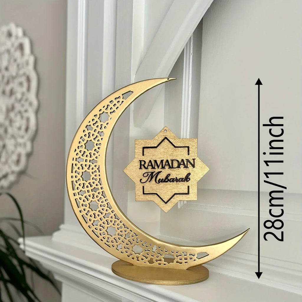 Islamic Ramadan & Eid Decorations - Elegant Crescent Moon Lantern - with Ramadan Mubarak Sign - Golden & Brown Islamic Wooden Decoration for Ramadan, Eid, Ramadan Karim - Home, Office, Mosque - Ramadan Kareem Gift - Durable W House Of Avana