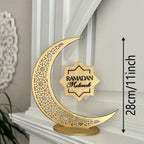 Islamic Ramadan & Eid Decorations - Elegant Crescent Moon Lantern - with Ramadan Mubarak Sign - Golden & Brown Islamic Wooden Decoration for Ramadan, Eid, Ramadan Karim - Home, Office, Mosque - Ramadan Kareem Gift - Durable W House Of Avana