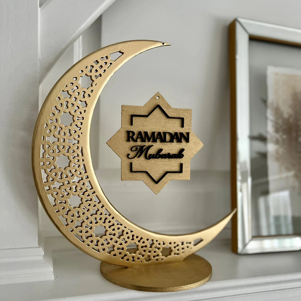 Islamic Ramadan & Eid Decorations - Elegant Crescent Moon Lantern - with Ramadan Mubarak Sign - Golden & Brown Islamic Wooden Decoration for Ramadan, Eid, Ramadan Karim - Home, Office, Mosque - Ramadan Kareem Gift - Durable W House Of Avana