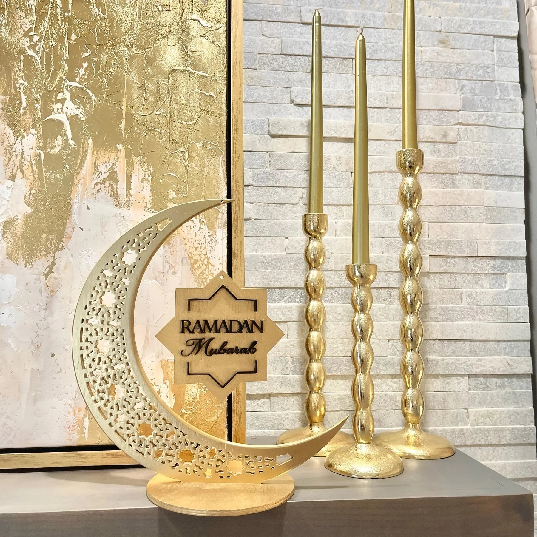 Islamic Ramadan & Eid Decorations - Elegant Crescent Moon Lantern - with Ramadan Mubarak Sign - Golden & Brown Islamic Wooden Decoration for Ramadan, Eid, Ramadan Karim - Home, Office, Mosque - Ramadan Kareem Gift - Durable W House Of Avana