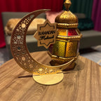Islamic Ramadan & Eid Decorations - Elegant Crescent Moon Lantern - with Ramadan Mubarak Sign - Golden & Brown Islamic Wooden Decoration for Ramadan, Eid, Ramadan Karim - Home, Office, Mosque - Ramadan Kareem Gift - Durable W House Of Avana