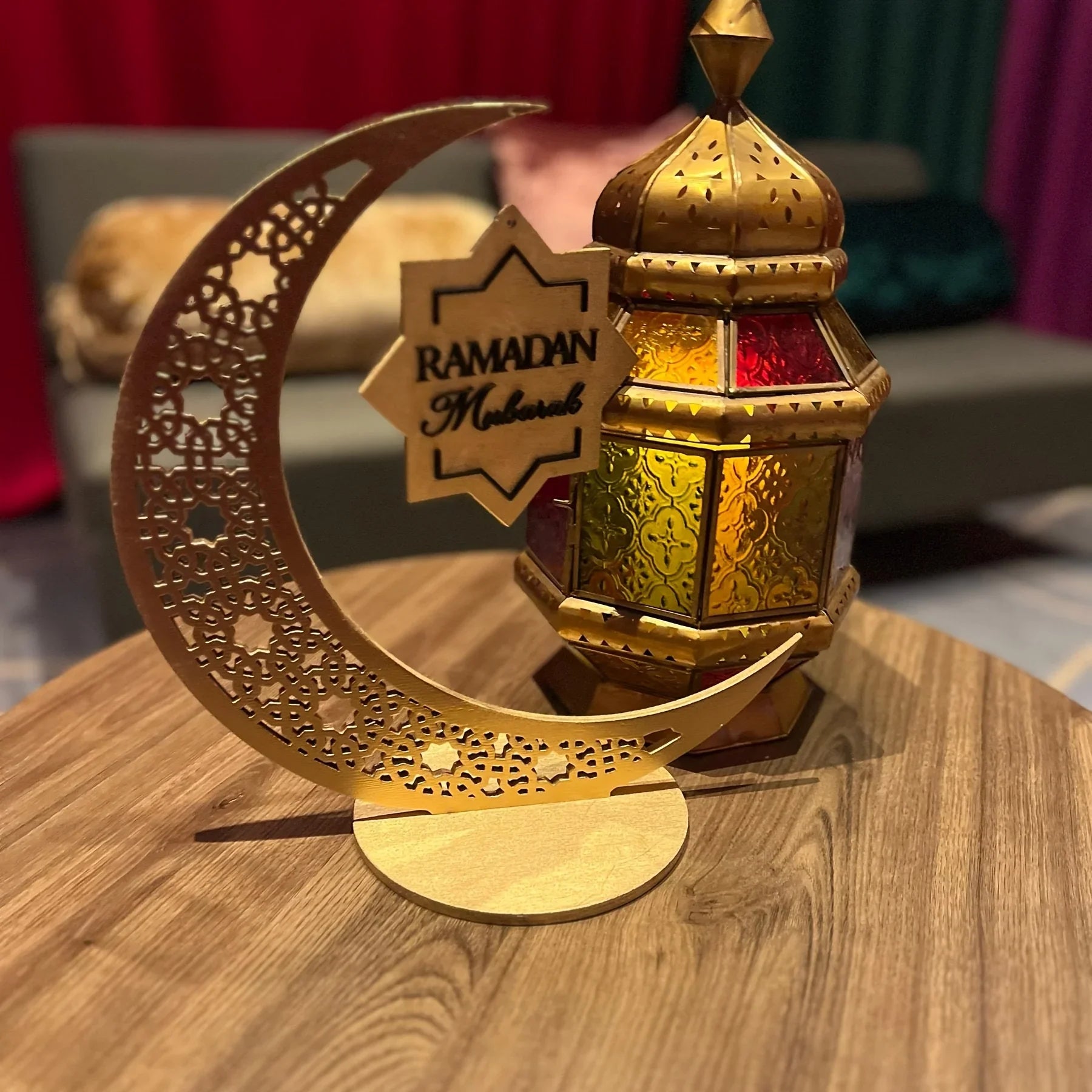 Islamic Ramadan & Eid Decorations - Elegant Crescent Moon Lantern - with Ramadan Mubarak Sign - Golden & Brown Islamic Wooden Decoration for Ramadan, Eid, Ramadan Karim - Home, Office, Mosque - Ramadan Kareem Gift - Durable W House Of Avana