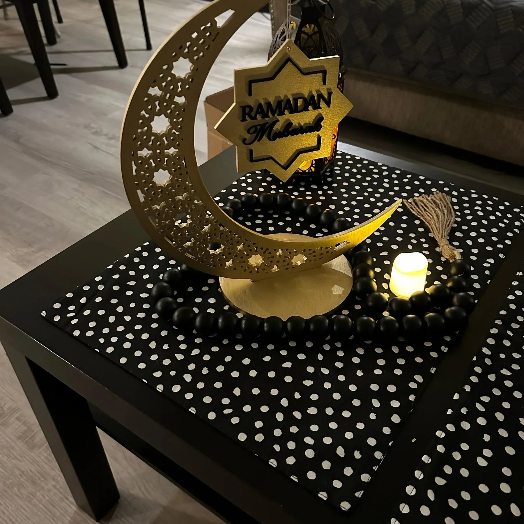 Islamic Ramadan & Eid Decorations - Elegant Crescent Moon Lantern - with Ramadan Mubarak Sign - Golden & Brown Islamic Wooden Decoration for Ramadan, Eid, Ramadan Karim - Home, Office, Mosque - Ramadan Kareem Gift - Durable W House Of Avana