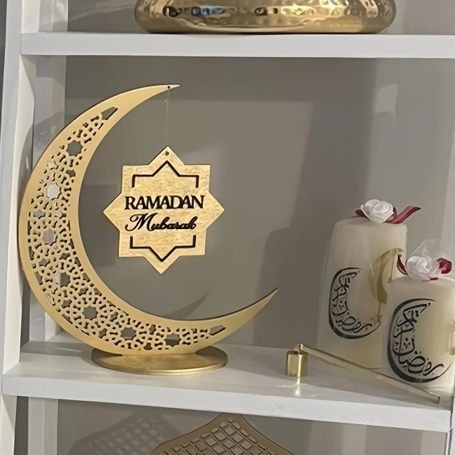 Islamic Ramadan & Eid Decorations - Elegant Crescent Moon Lantern - with Ramadan Mubarak Sign - Golden & Brown Islamic Wooden Decoration for Ramadan, Eid, Ramadan Karim - Home, Office, Mosque - Ramadan Kareem Gift - Durable W House Of Avana