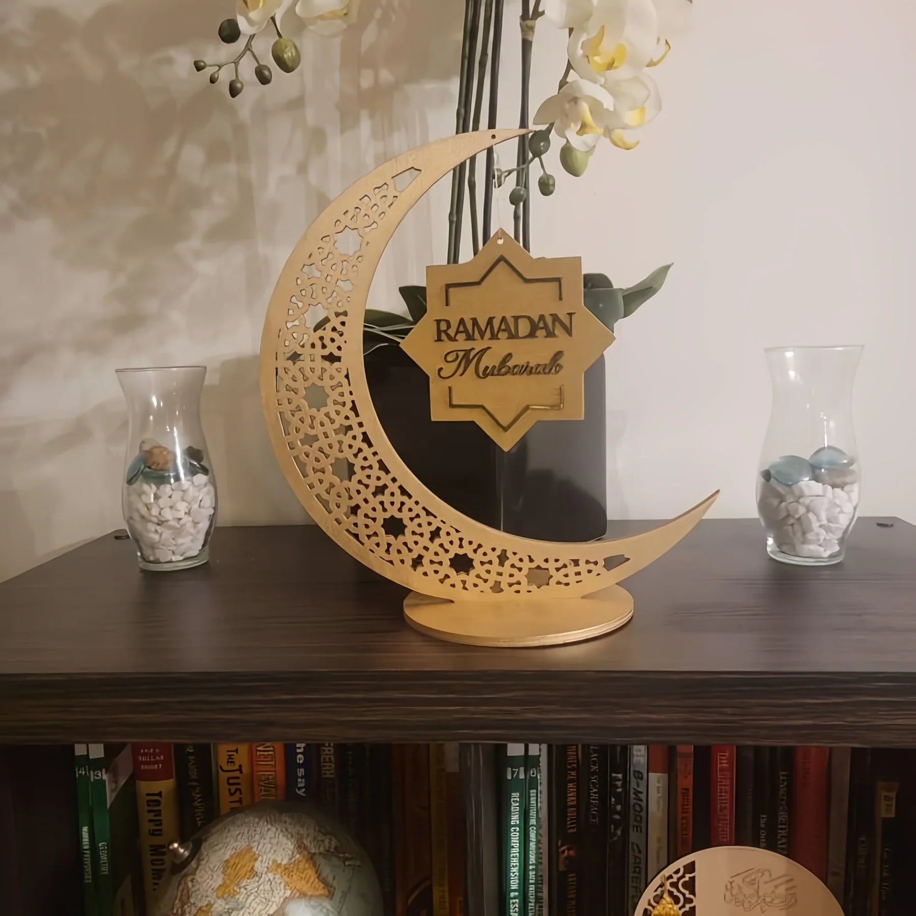 Islamic Ramadan & Eid Decorations - Elegant Crescent Moon Lantern - with Ramadan Mubarak Sign - Golden & Brown Islamic Wooden Decoration for Ramadan, Eid, Ramadan Karim - Home, Office, Mosque - Ramadan Kareem Gift - Durable W House Of Avana