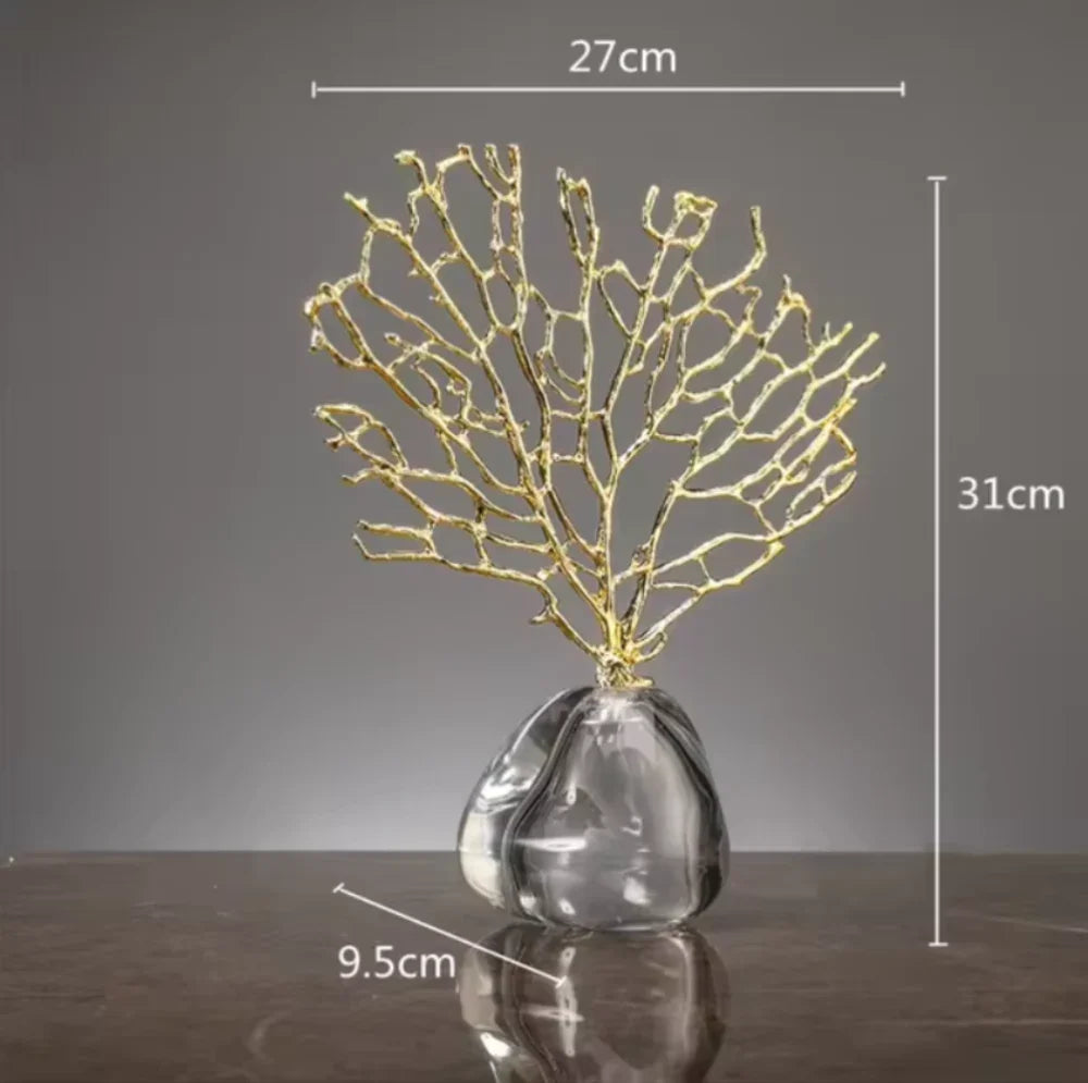 Golden crystal coral decorative piece, handmade glass ornament - House of Avana