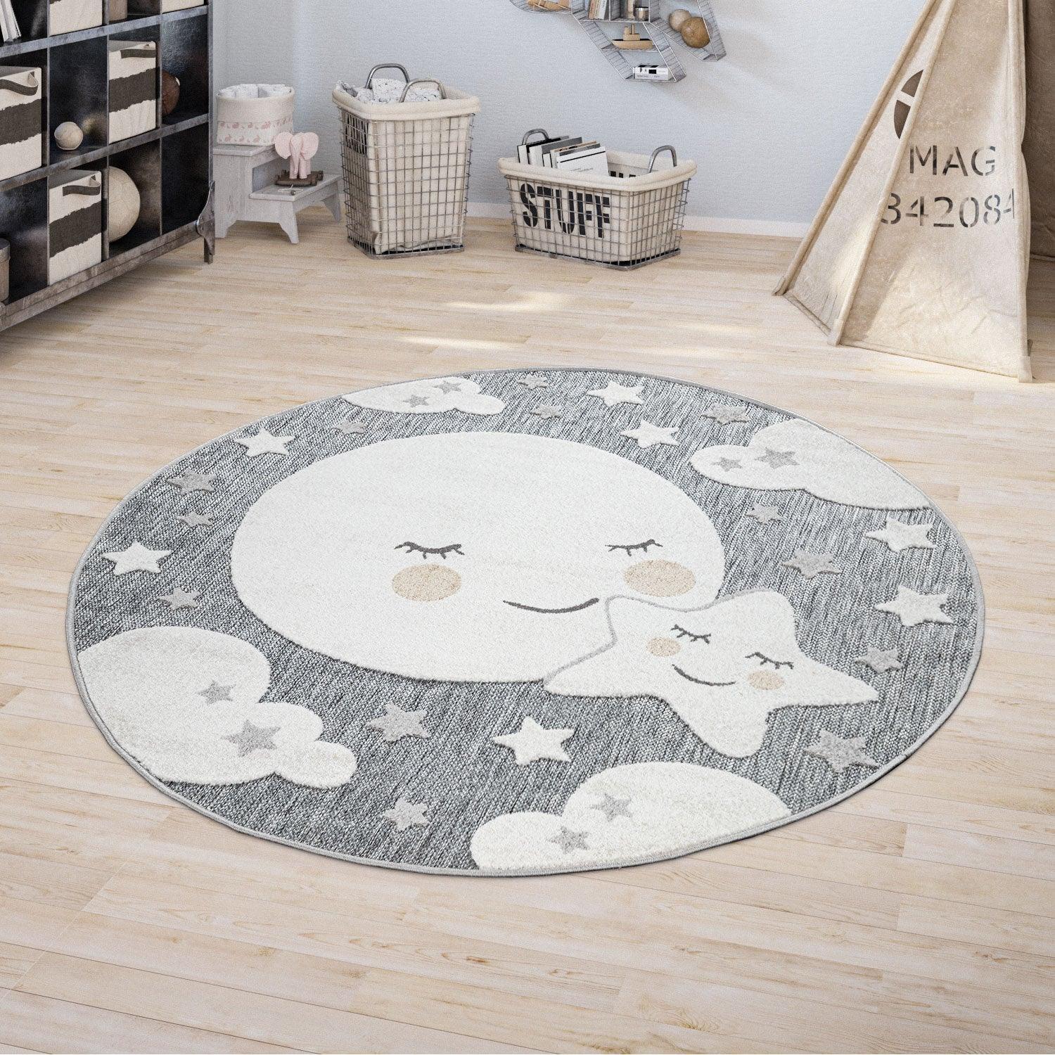 Round Kids Rug Tweet Cuddling Moon & Stars in the Night Sky in Mottled Grey RugYourHome