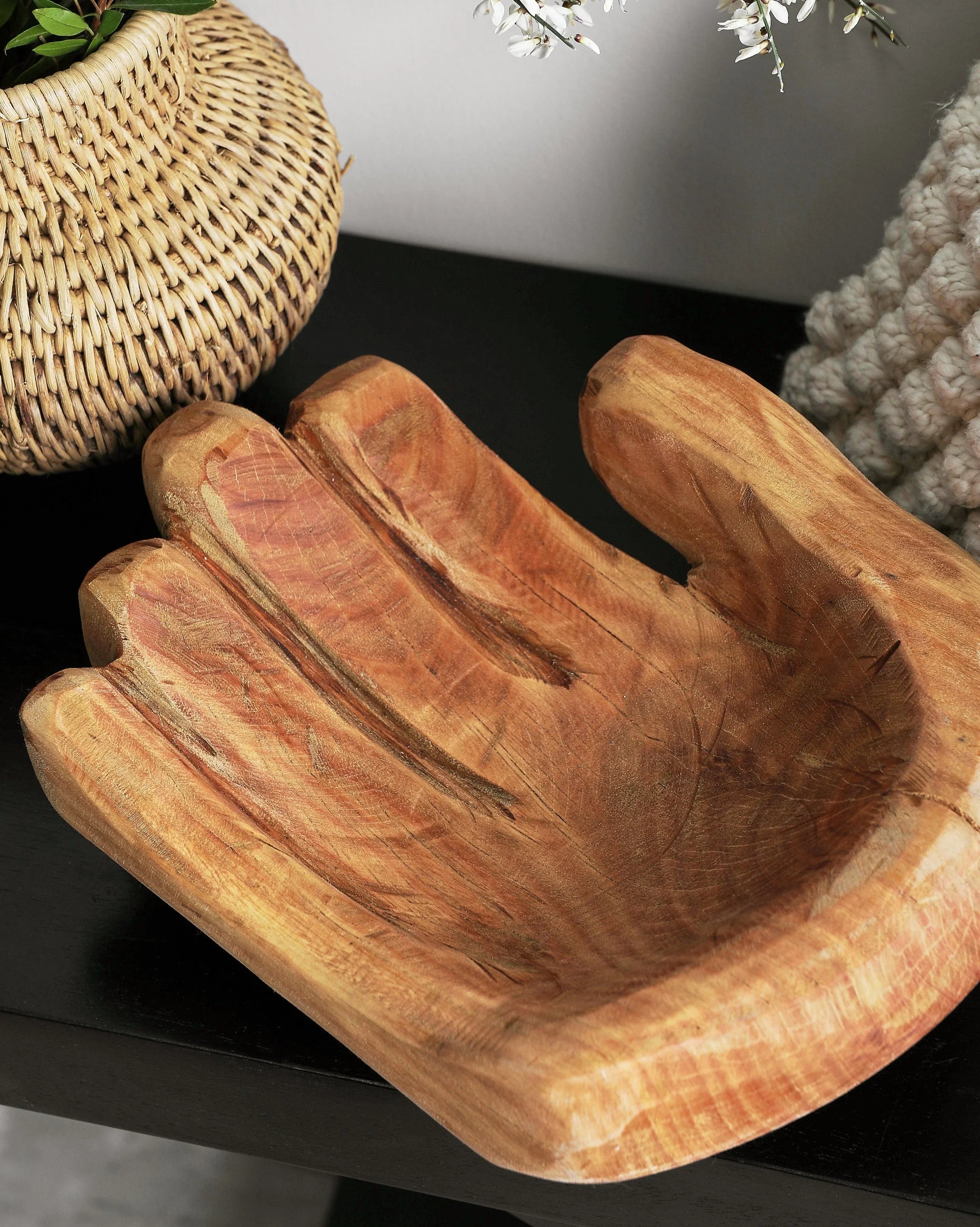 Cupped Hand Natural Eucalyptus Wood Bowl Sculpture Kanju Interiors