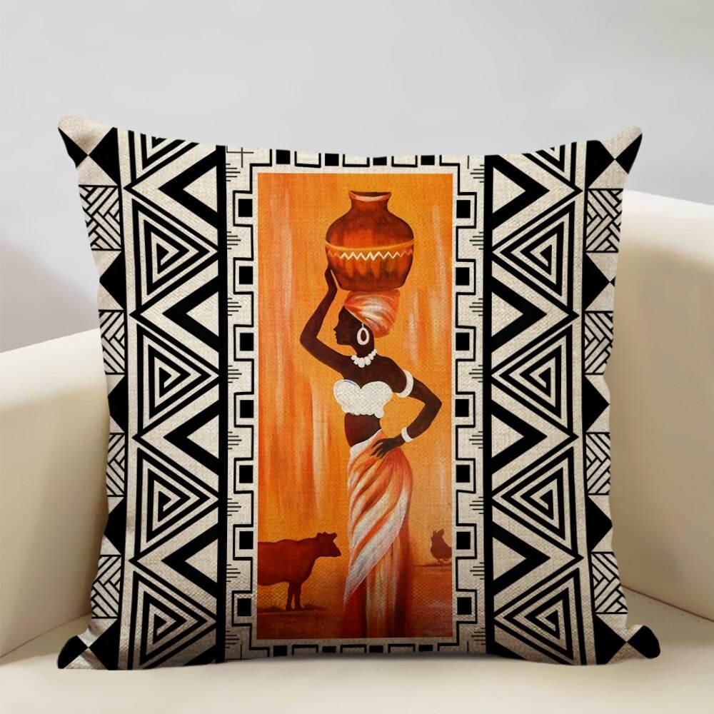 African Painting Printed Cushion Cover, angled view - House Of Avana