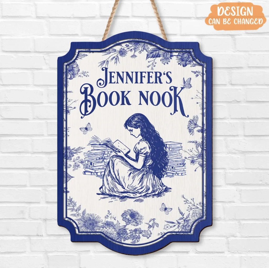 Custom Name Book Nook Wooden Sign - Bookism Gift - Chinoiserie Toile De Jouy