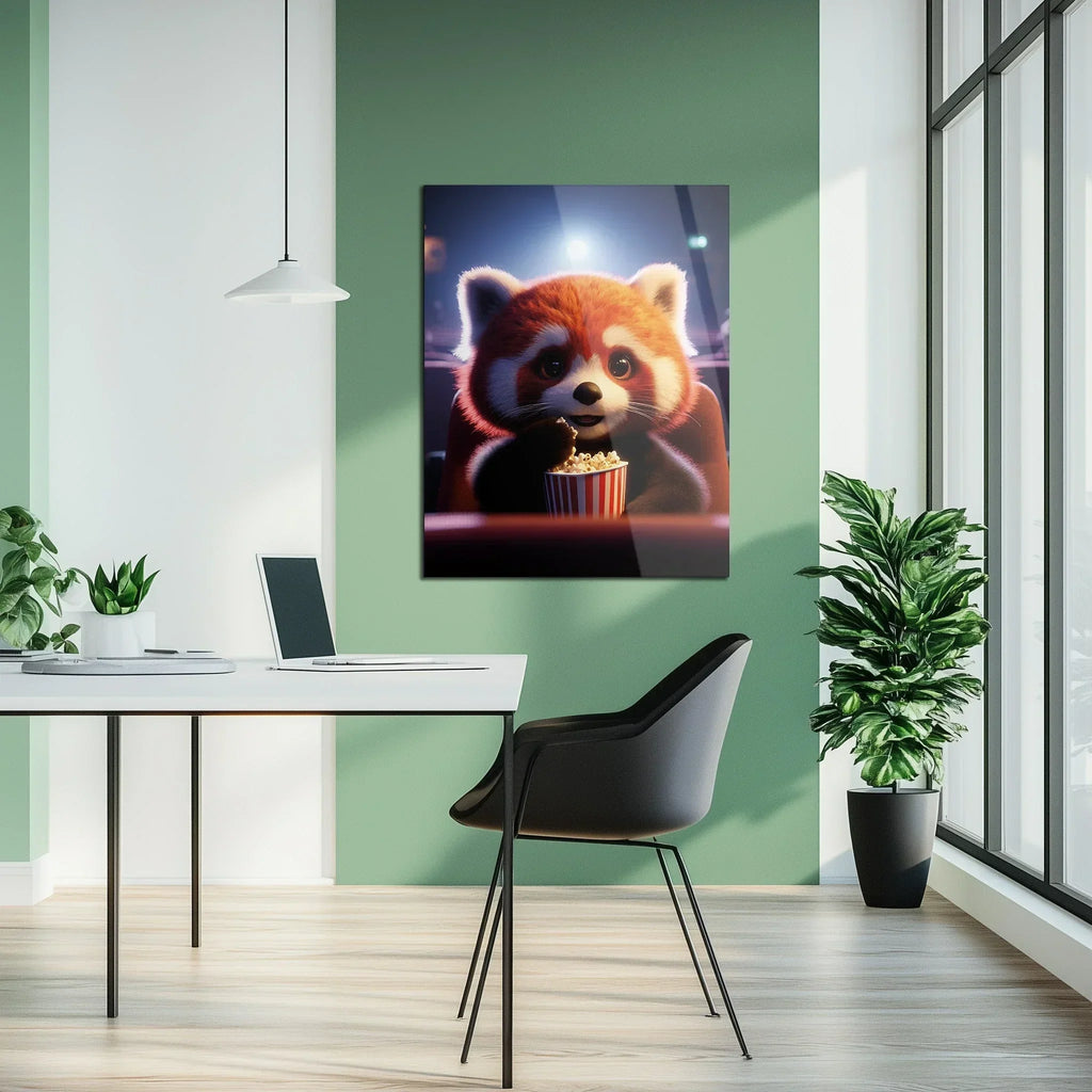 Cute Red Panda at the Movies Glass Wall Art – Whimsical UV Print Design-KAFCD028 Peony Atelier