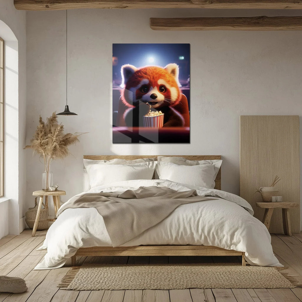 Cute Red Panda at the Movies Glass Wall Art – Whimsical UV Print Design-KAFCD028 Peony Atelier