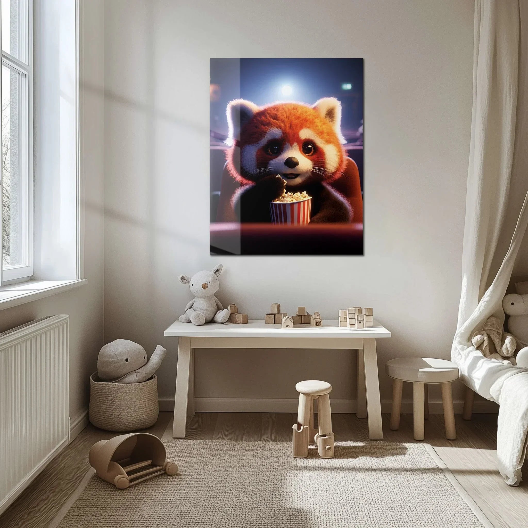 Cute Red Panda at the Movies Glass Wall Art – Whimsical UV Print Design-KAFCD028 Peony Atelier