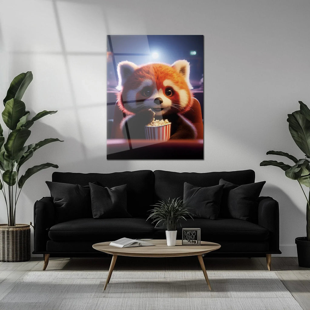Cute Red Panda at the Movies Glass Wall Art – Whimsical UV Print Design-KAFCD028 Peony Atelier