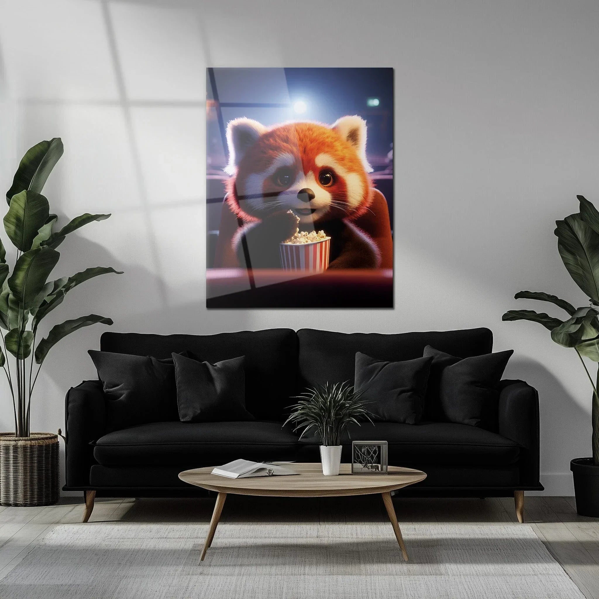 Cute Red Panda at the Movies Glass Wall Art – Whimsical UV Print Design-KAFCD028 Peony Atelier