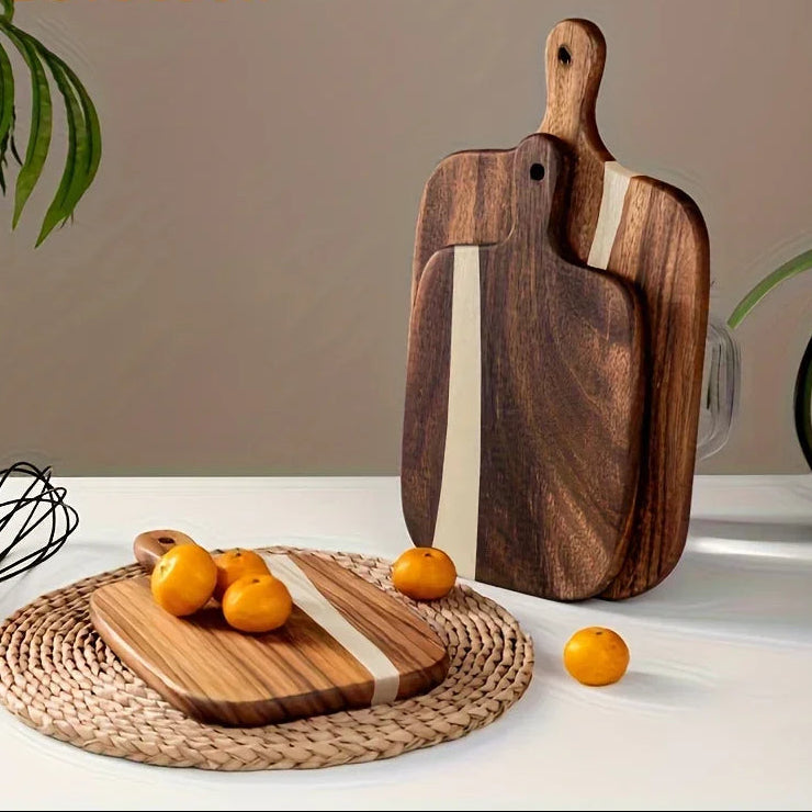 Wooden cutting boards with fruits on a table, featuring the DOTOCOOK brand.