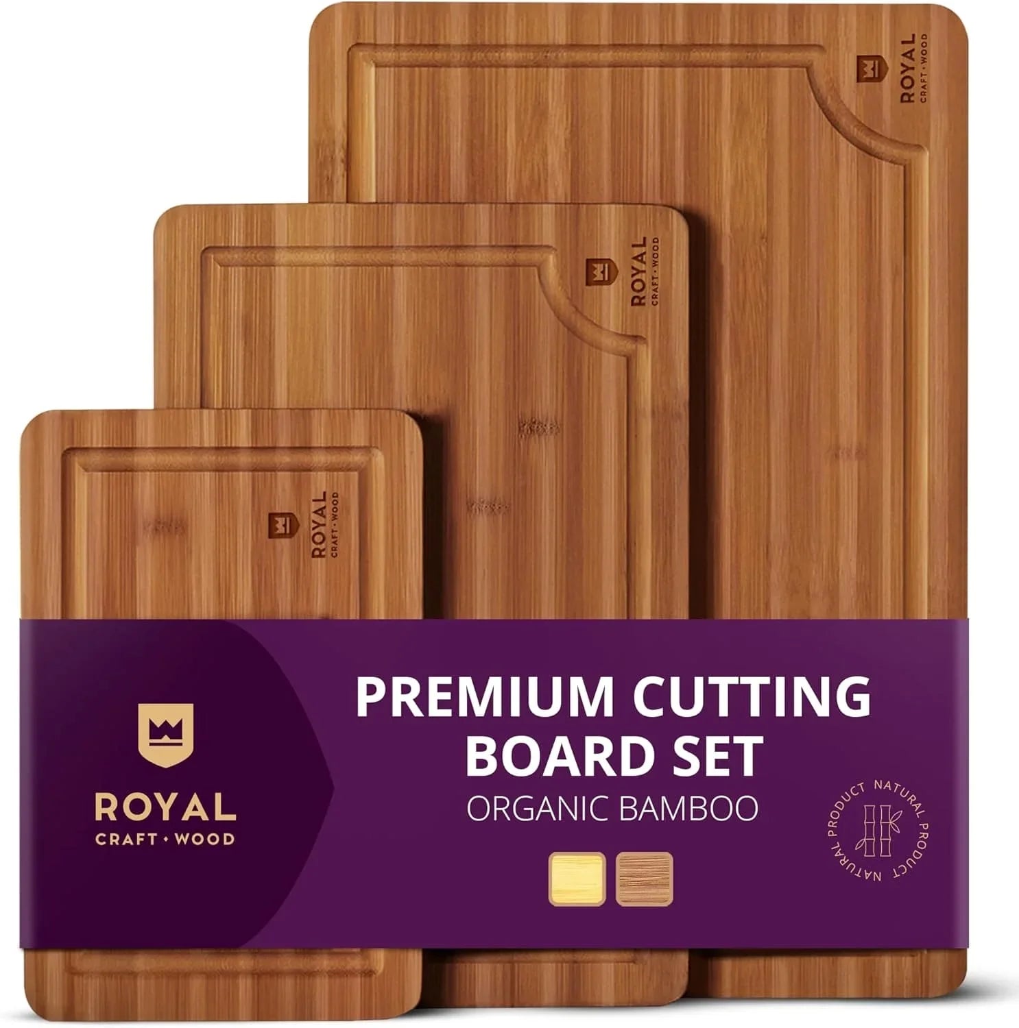 Cutting Board Set of 3, Bamboo, Brown Royal Craft Wood