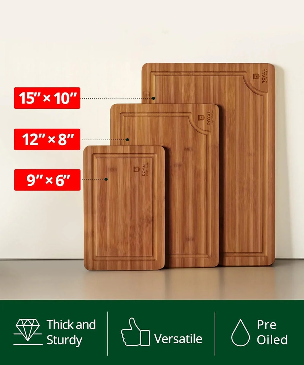 Cutting Board Set of 3, Bamboo, Brown Royal Craft Wood