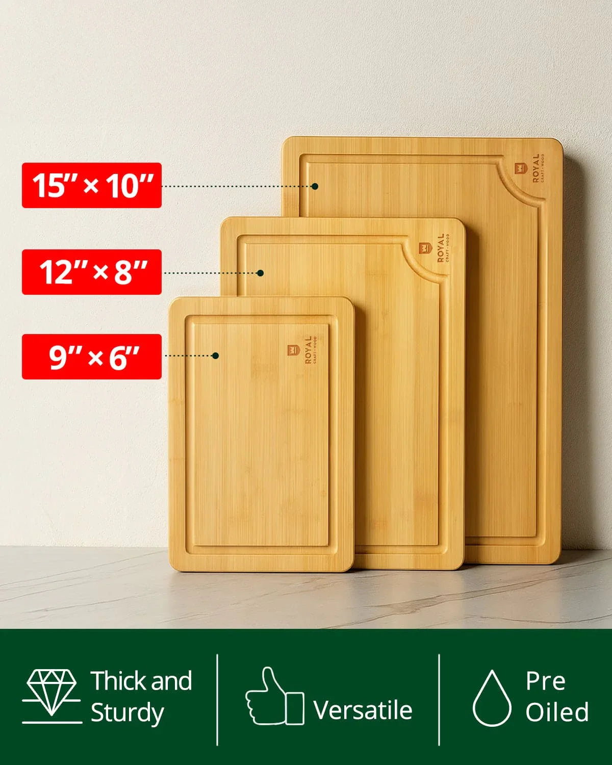 Cutting Board Set of 3, Bamboo Royal Craft Wood