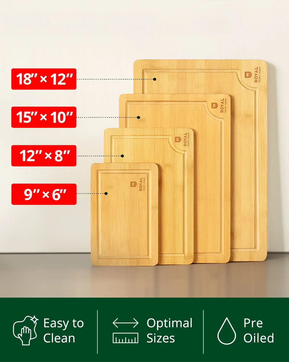 Cutting Board Set of 4, Bamboo Royal Craft Wood