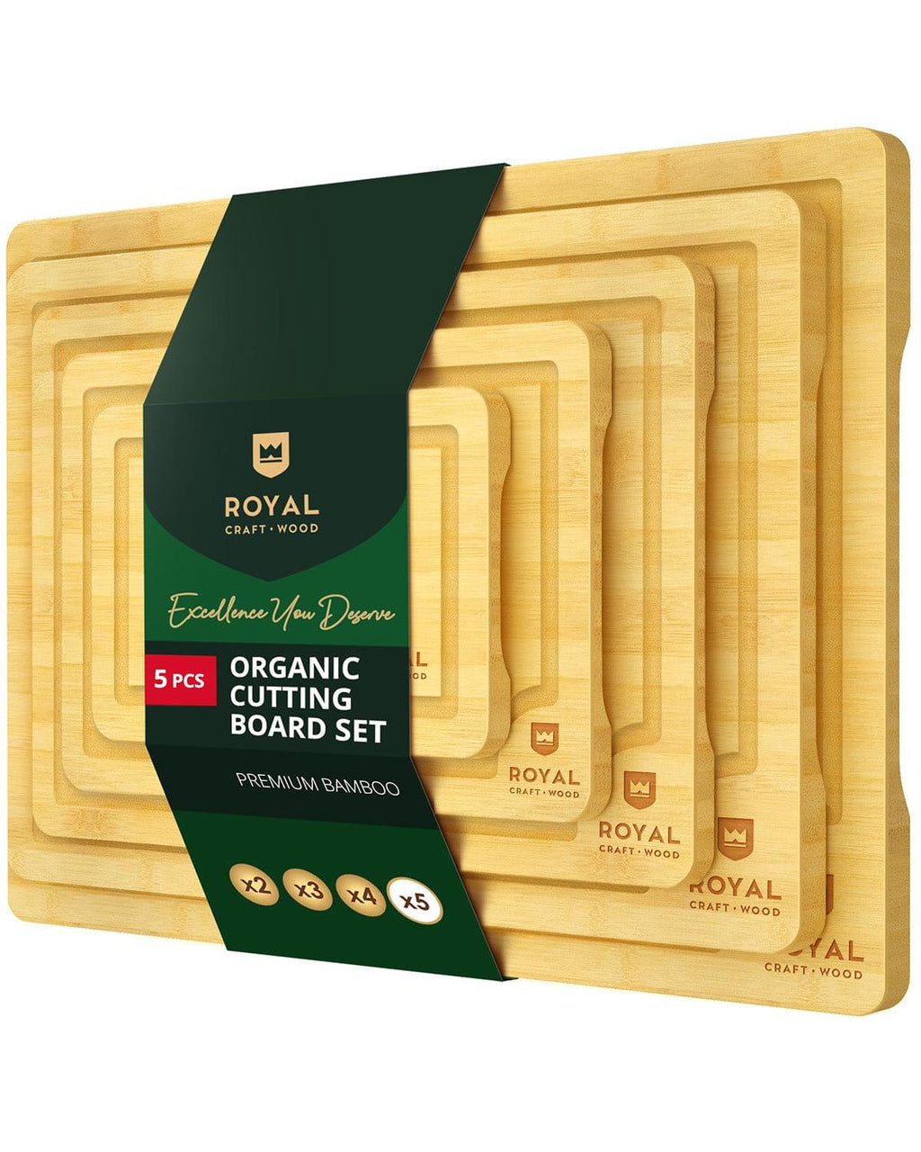Cutting Board Set of 5, Bamboo Royal Craft Wood