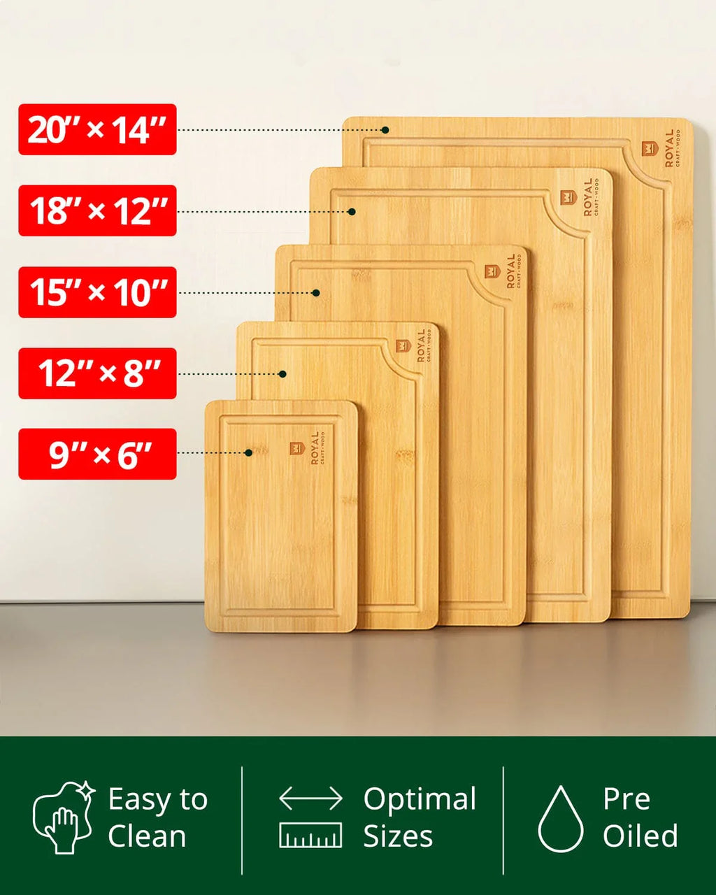 Cutting Board Set of 5, Bamboo Royal Craft Wood