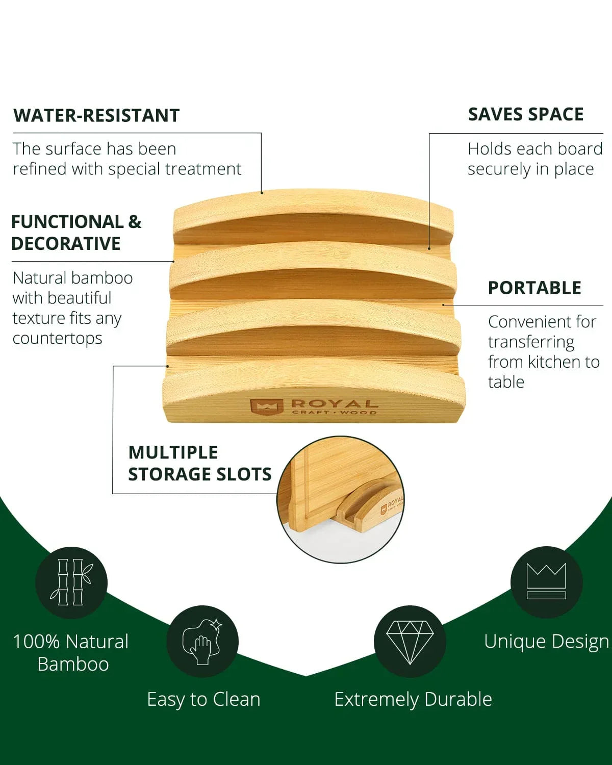 Cutting Board Stand with 3 Slots, Natural Royal Craft Wood