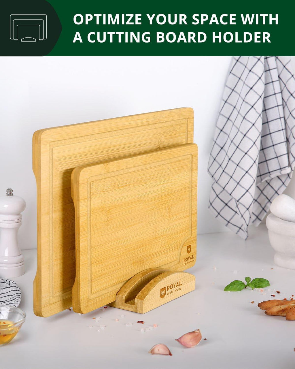 Cutting Board Stand with 3 Slots, Natural Royal Craft Wood