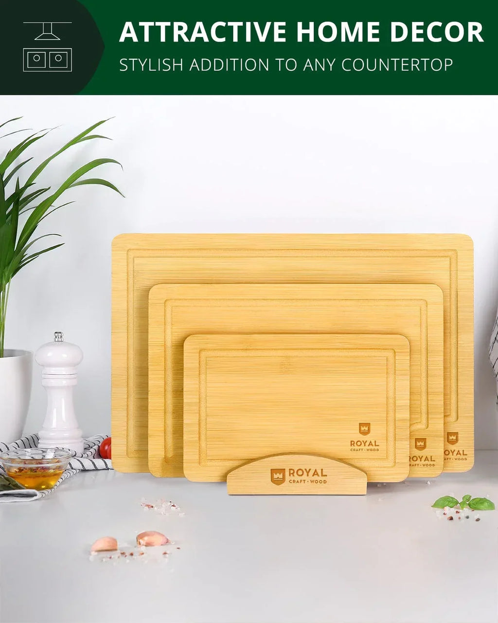 Cutting Board Stand with 3 Slots, Natural Royal Craft Wood