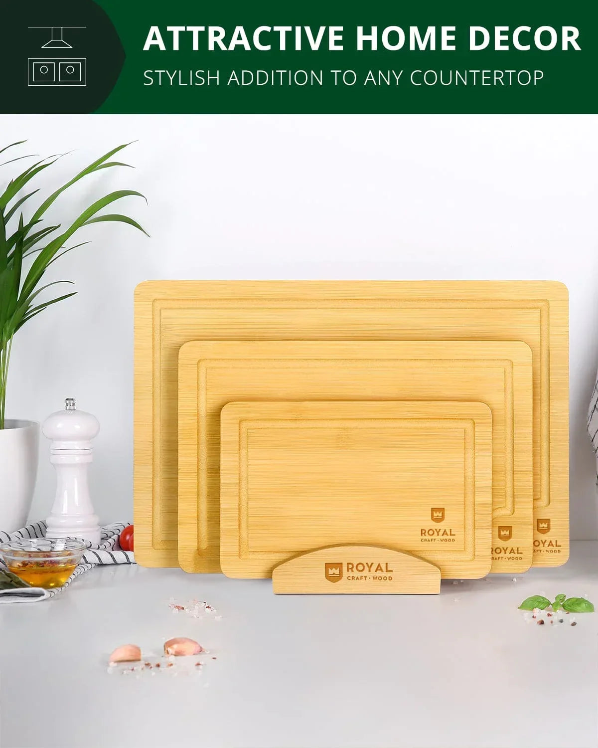 Cutting Board Stand with 3 Slots, Natural Royal Craft Wood