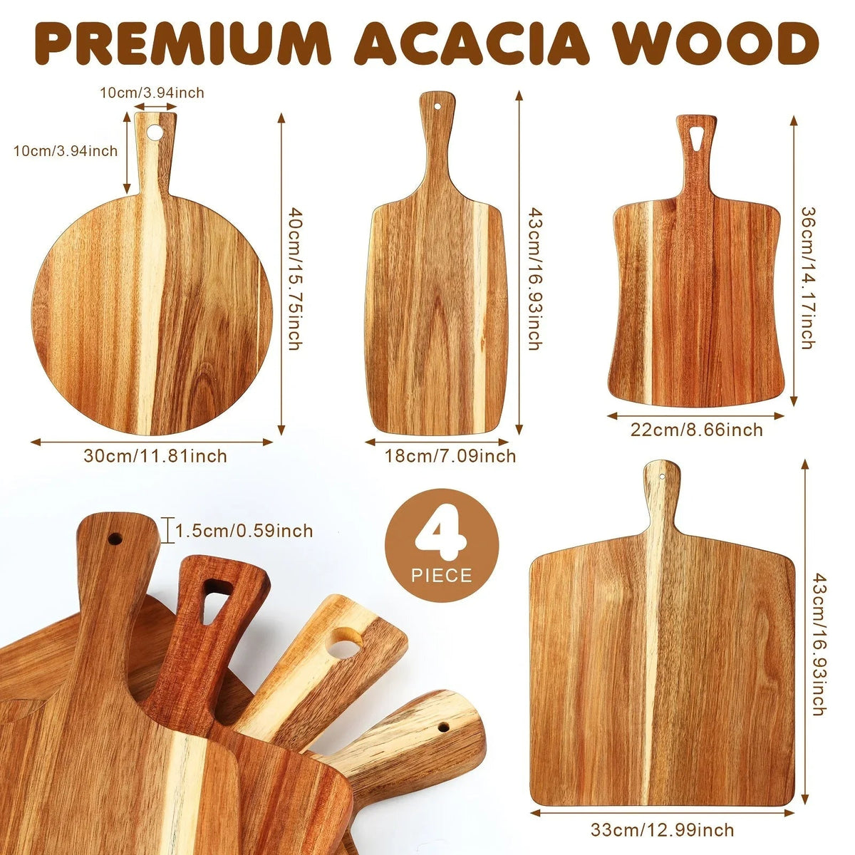 [Acacia Wood Boards] Set Of 4 Thick Acacia Wood Cutting Boards With Handles, Assorted Sizes Large Charcuterie Boards, Butcher Block Serving Tray For Cheese, Meat, Pizza, Vegetables, Bread, Kitchen Dining Room - House Of Avana [[SKU:HOA-KAC-013]]