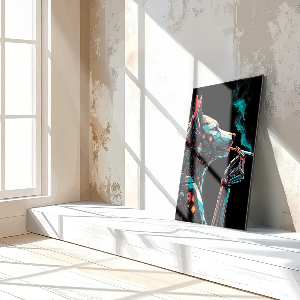 Cybernetic Canine Smoking Portrait – Futuristic Neon Dog UV Glass Wall Art-KAFCD078 Peony Atelier