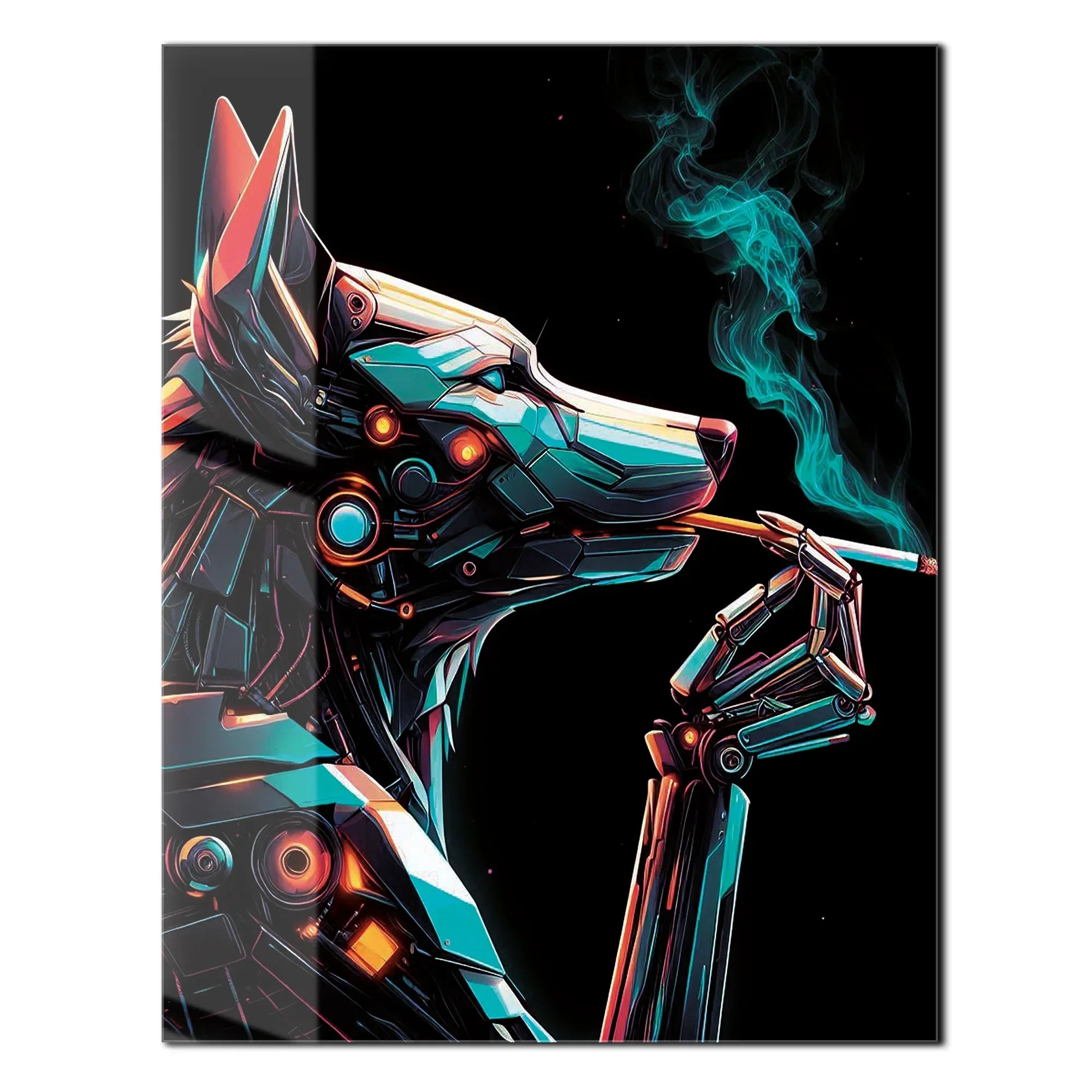 Cybernetic Canine Smoking Portrait – Futuristic Neon Dog UV Glass Wall Art-KAFCD078 Peony Atelier