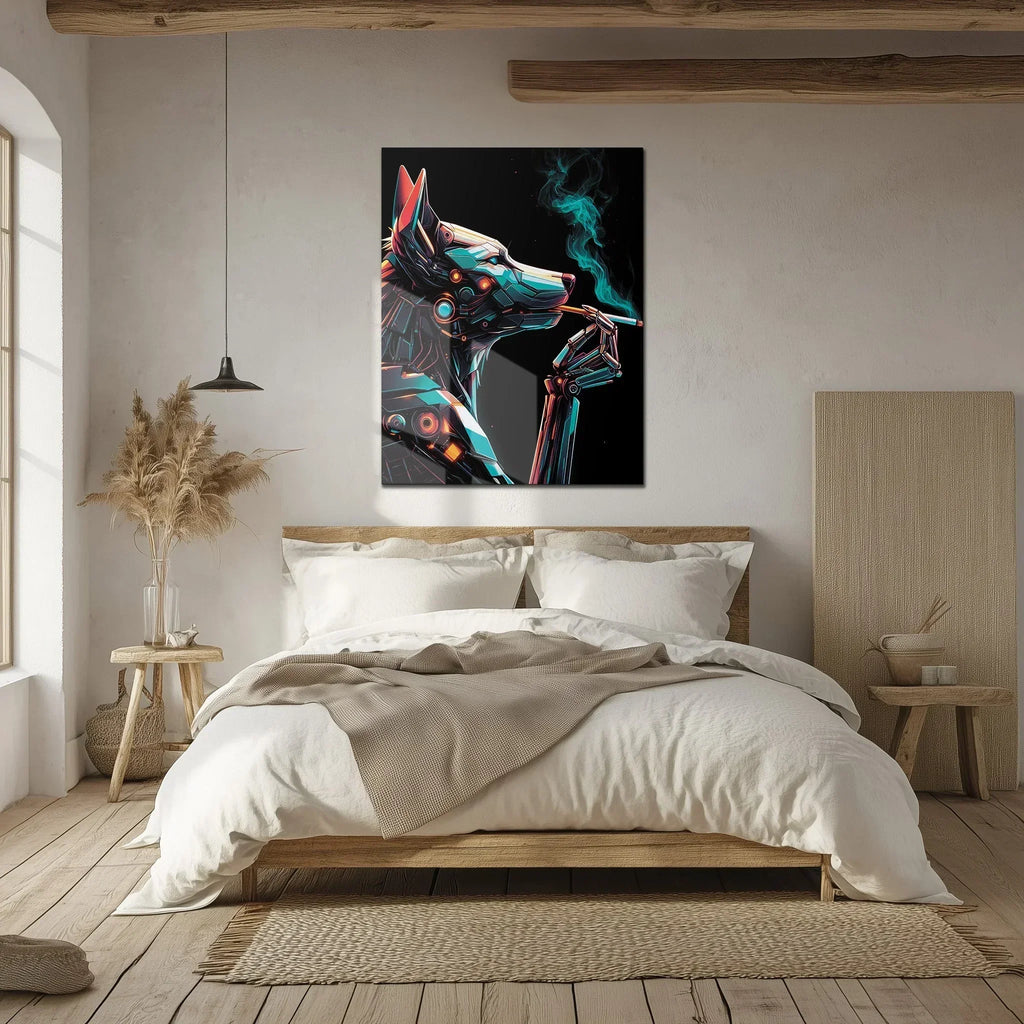 Cybernetic Canine Smoking Portrait – Futuristic Neon Dog UV Glass Wall Art-KAFCD078 Peony Atelier