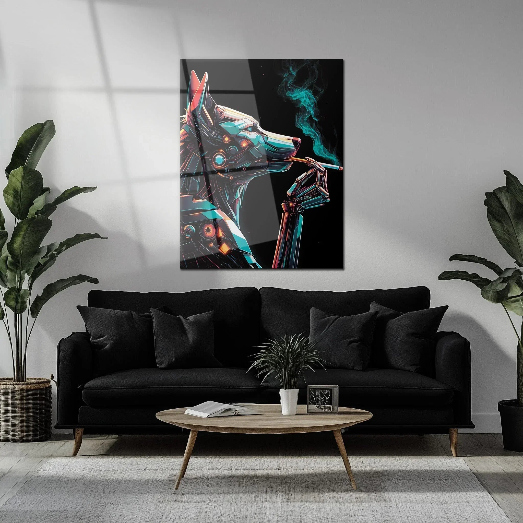 Cybernetic Canine Smoking Portrait – Futuristic Neon Dog UV Glass Wall Art-KAFCD078 Peony Atelier