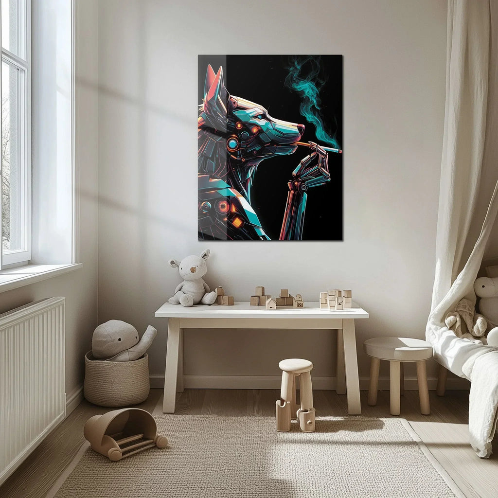 Cybernetic Canine Smoking Portrait – Futuristic Neon Dog UV Glass Wall Art-KAFCD078 Peony Atelier