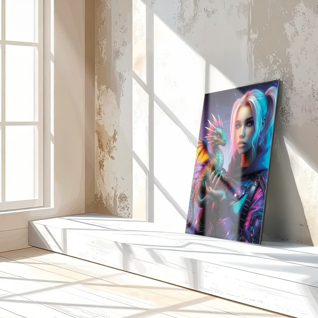 Cyberpunk Girl and Dragon Glass Wall Art – Neon Fantasy Sci-Fi Character Design-KAFCD008 Peony Atelier
