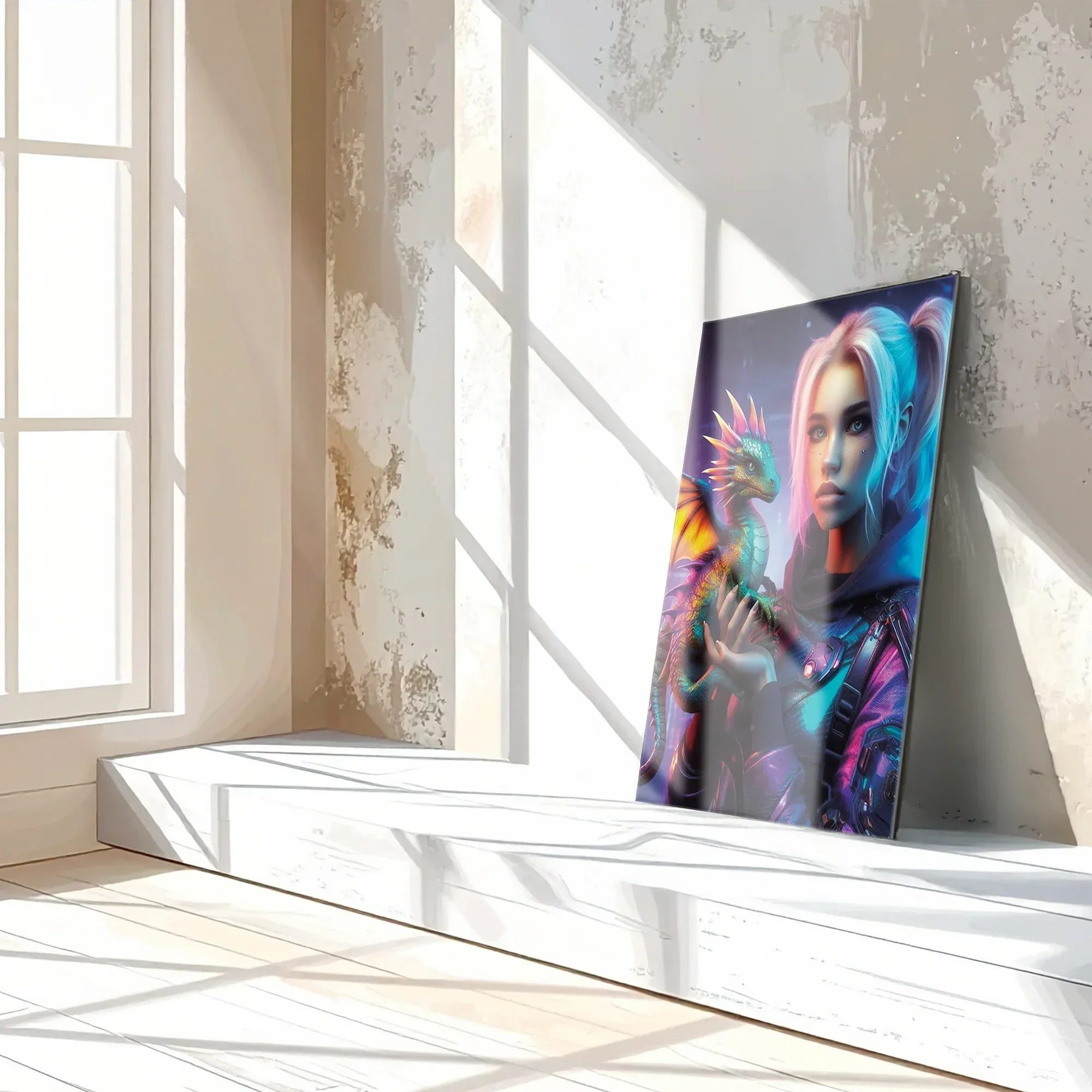 Cyberpunk Girl and Dragon Glass Wall Art – Neon Fantasy Sci-Fi Character Design-KAFCD008 Peony Atelier