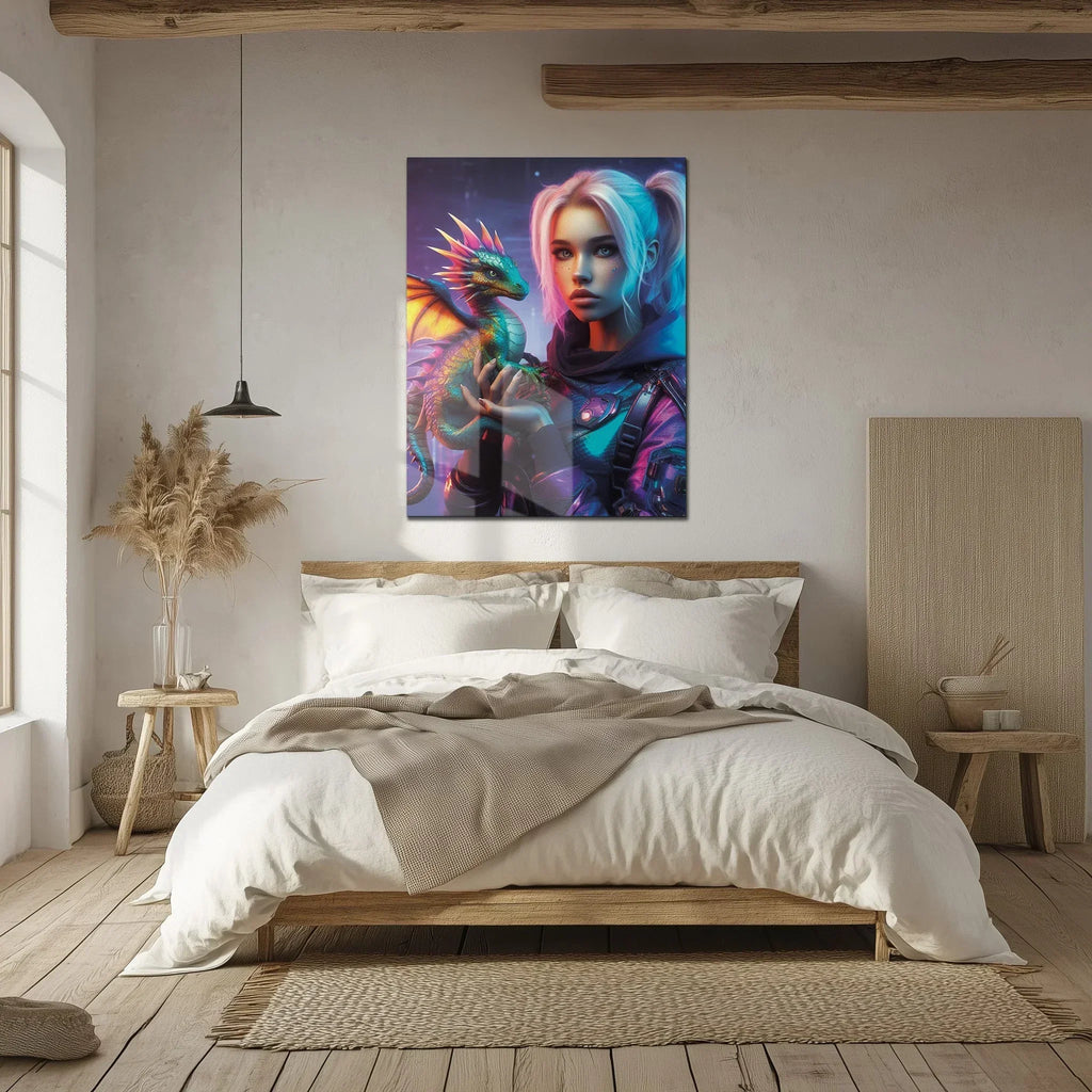 Cyberpunk Girl and Dragon Glass Wall Art – Neon Fantasy Sci-Fi Character Design-KAFCD008 Peony Atelier