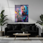 Cyberpunk Girl and Dragon Glass Wall Art – Neon Fantasy Sci-Fi Character Design-KAFCD008 Peony Atelier