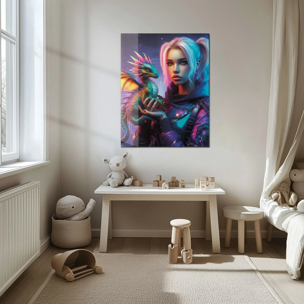 Cyberpunk Girl and Dragon Glass Wall Art – Neon Fantasy Sci-Fi Character Design-KAFCD008 Peony Atelier