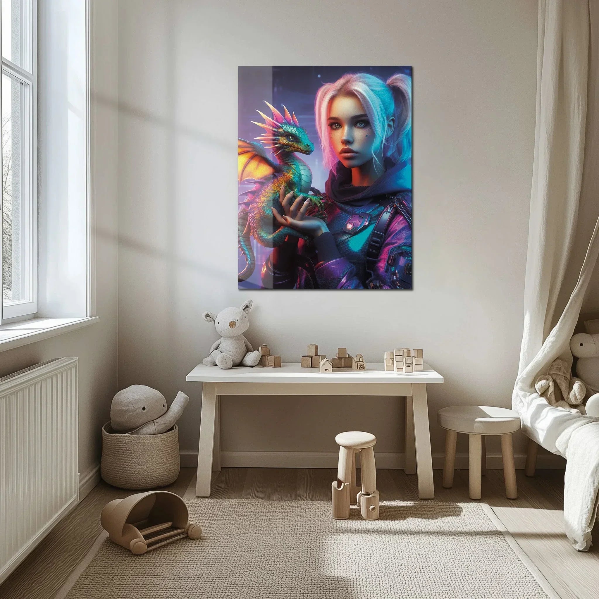 Cyberpunk Girl and Dragon Glass Wall Art – Neon Fantasy Sci-Fi Character Design-KAFCD008 Peony Atelier