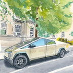 Cybertruck Gets a Ticket, Nyc, Watercolor Painting, front view - House Of Avana