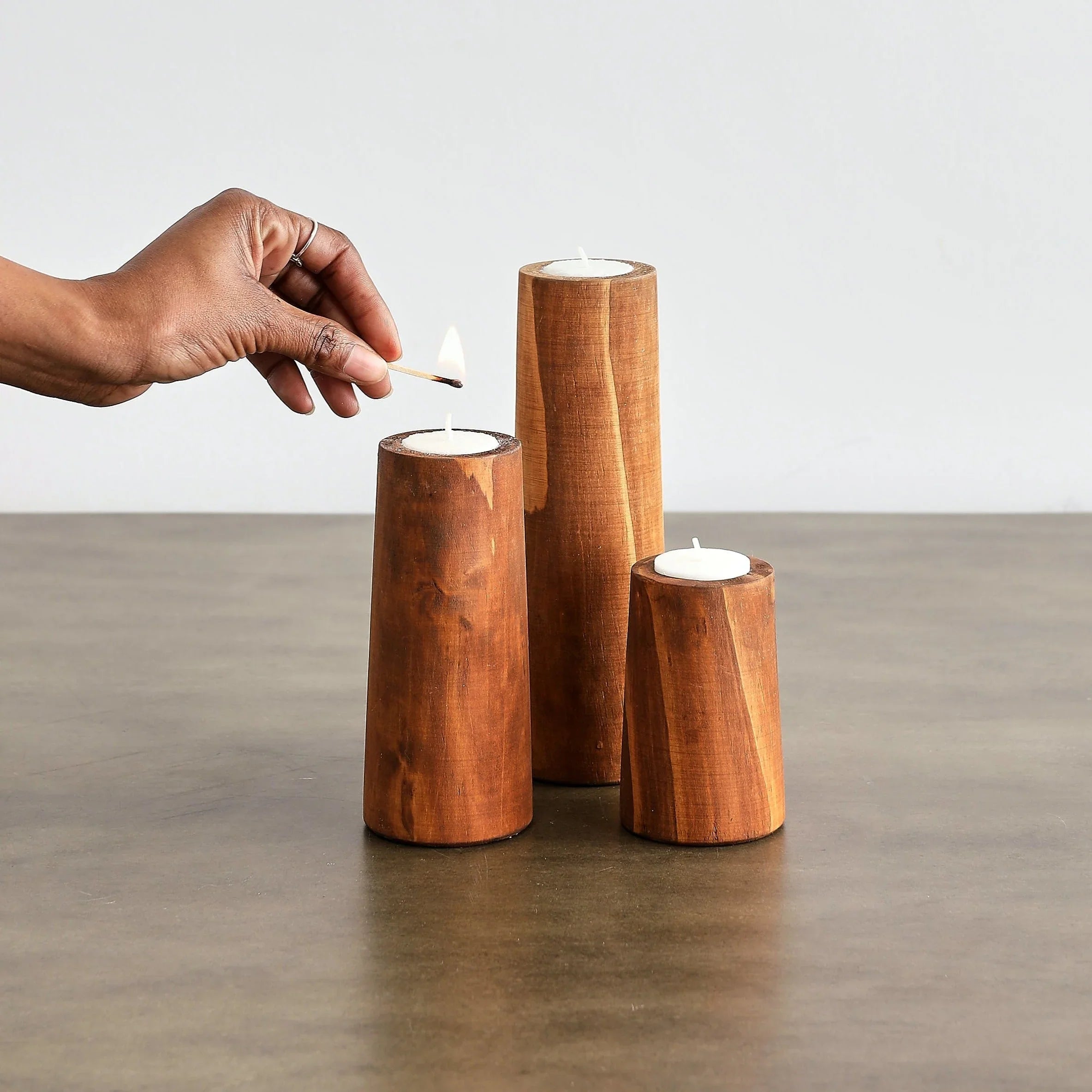 Cylinder Eucalyptus Wood Tealight Candle Holder Kanju Interiors