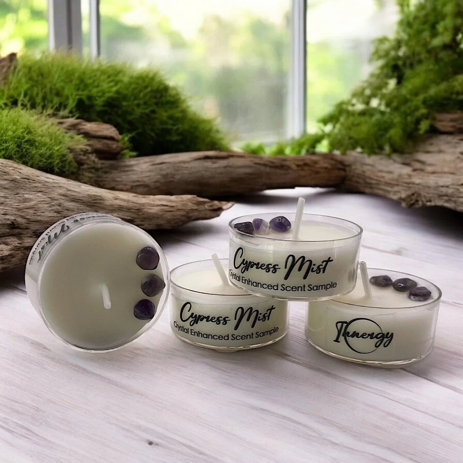 Soft crystal candle holder with white coconut-soy wax tea light, premium ambiance - House of Avana